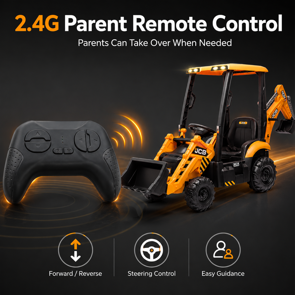Hetoy 12V Kids Ride-On Excavator with Front Loader, Rear Digger & Parent Remote