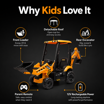 Hetoy 12V Kids Ride-On Excavator with Front Loader, Rear Digger & Parent Remote