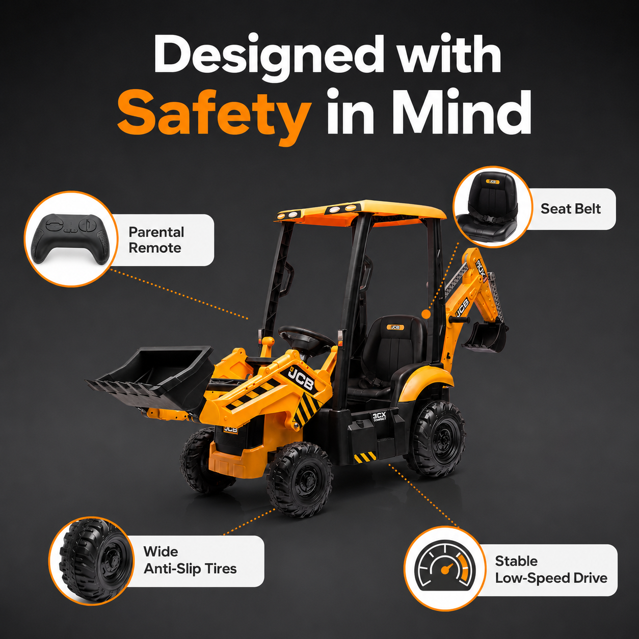 Hetoy 12V Kids Ride-On Excavator with Front Loader, Rear Digger & Parent Remote