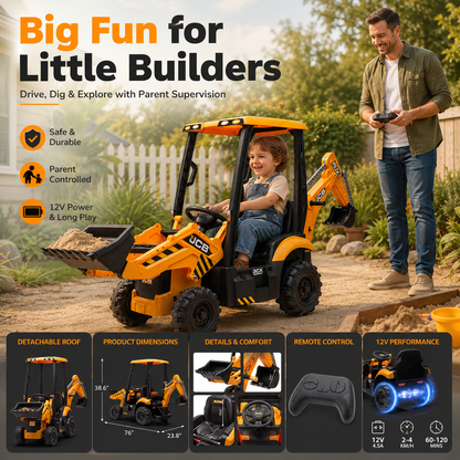 Hetoy 12V Kids Ride-On Excavator with Front Loader, Rear Digger & Parent Remote