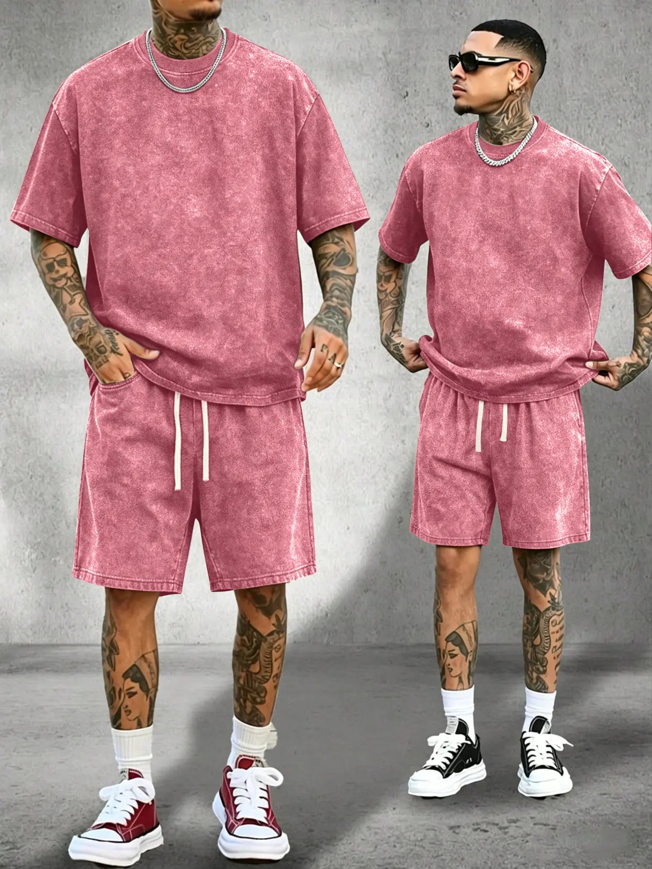 Men's Classic 2-Piece Soft Stretch Cotton Loungewear Set - Vintage Acid-Wash Distressed Crewneck Short-Sleeve T-Shirt Elastic-Waist Drawstring Wrinkle-Resistant Pockets shorts Ideal for Casual Sports Camping Summer Outfits Clothes Menswear Outdoor Suits