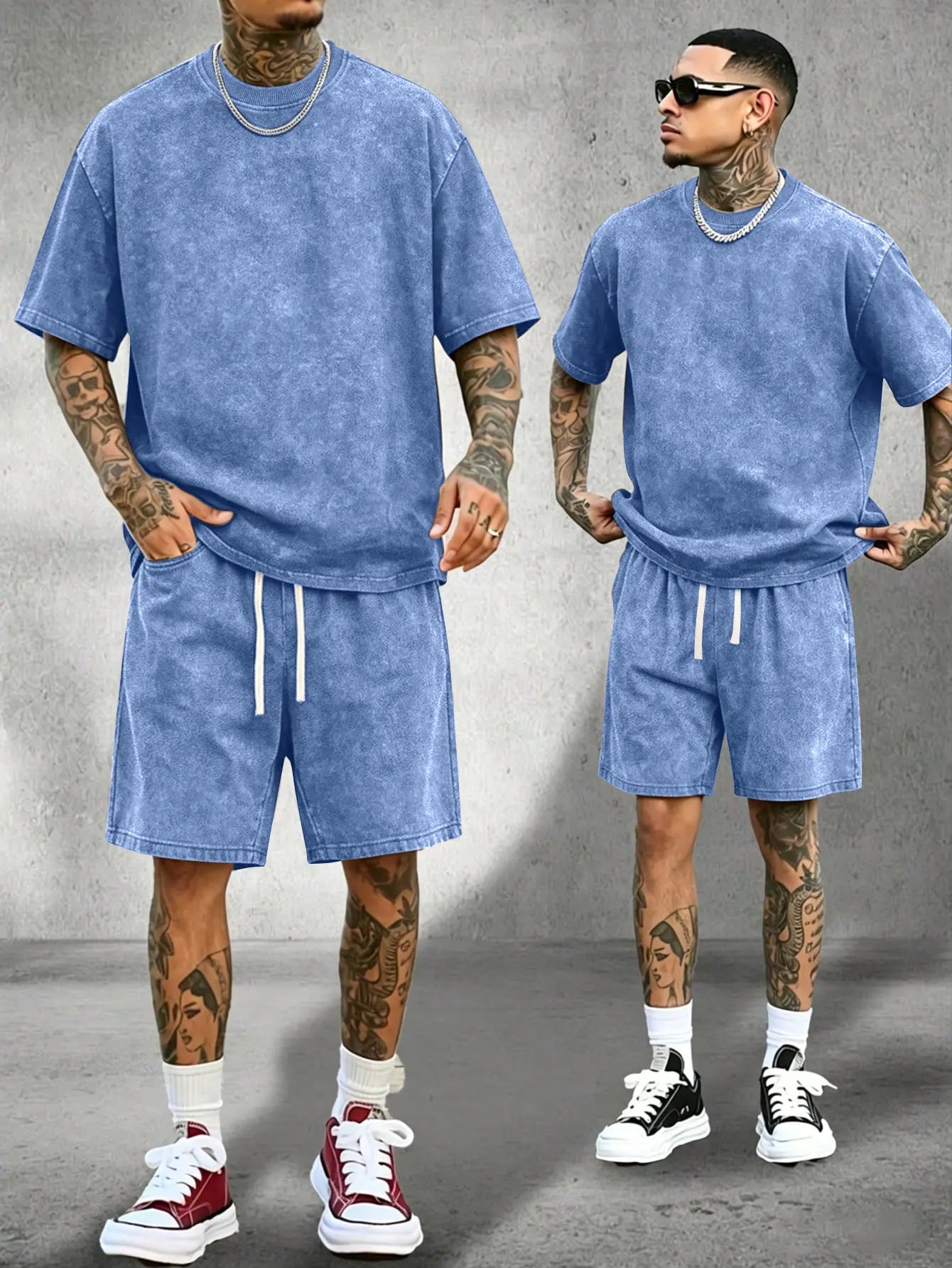 Men's Classic 2-Piece Soft Stretch Cotton Loungewear Set - Vintage Acid-Wash Distressed Crewneck Short-Sleeve T-Shirt Elastic-Waist Drawstring Wrinkle-Resistant Pockets shorts Ideal for Casual Sports Camping Summer Outfits Clothes Menswear Outdoor Suits