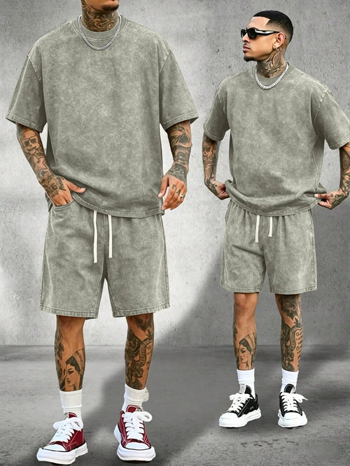 Men's Classic 2-Piece Soft Stretch Cotton Loungewear Set - Vintage Acid-Wash Distressed Crewneck Short-Sleeve T-Shirt Elastic-Waist Drawstring Wrinkle-Resistant Pockets shorts Ideal for Casual Sports Camping Summer Outfits Clothes Menswear Outdoor Suits