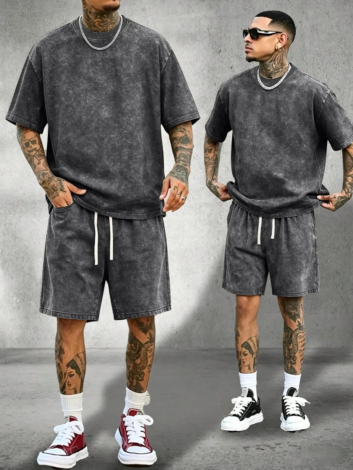 Men's Classic 2-Piece Soft Stretch Cotton Loungewear Set - Vintage Acid-Wash Distressed Crewneck Short-Sleeve T-Shirt Elastic-Waist Drawstring Wrinkle-Resistant Pockets shorts Ideal for Casual Sports Camping Summer Outfits Clothes Menswear Outdoor Suits