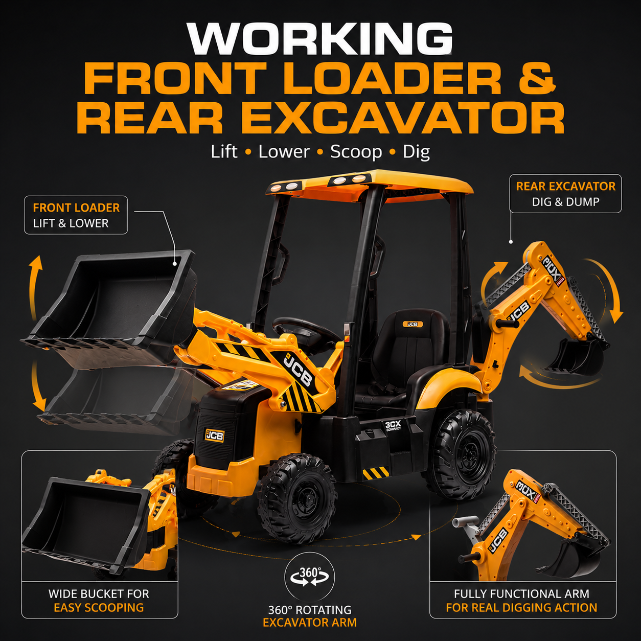 Hetoy 12V Kids Ride-On Excavator with Front Loader, Rear Digger & Parent Remote