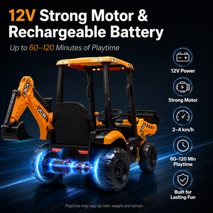 Hetoy 12V Kids Ride-On Excavator with Front Loader, Rear Digger & Parent Remote